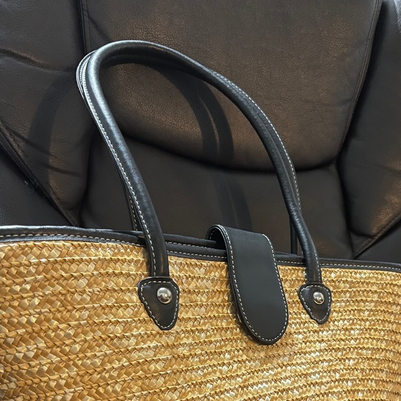 Black and Tan Raffia Straw Picnic Beach Summer Tote Bag - Picture 3 of 5